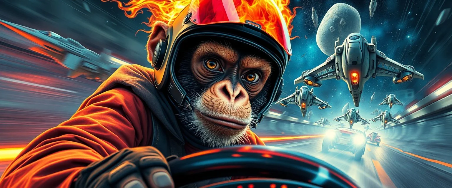 bad ass psychic hypnotic,clumsy ninja reggae monkey with helmet and with ears on fire, b movie poster, etheral astral weird perspective worried yoga vin diesel legend race car racing with huge g force against spaceships going sideways in ramp driver close up portrait of dj magic kobold gremlin farmer pilot looking down on cam, with background in the style of escher and giger, a chill contrapunctus fugue in the style of fsol, beethoven,