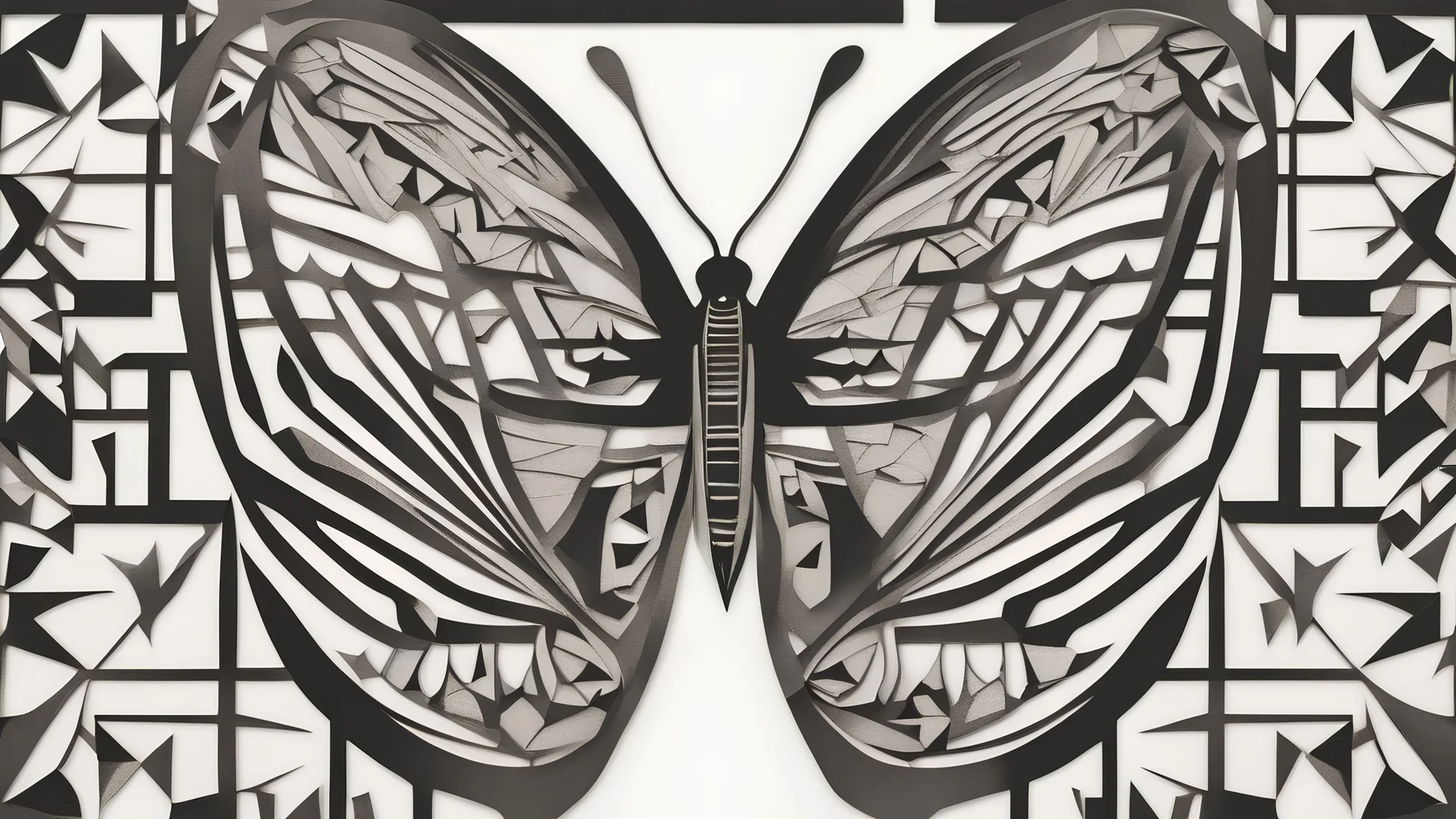A striking monochrome stencil artwork featuring a butterfly, meticulously crafted with intricate geometric shapes. The butterfly's wings are composed of interlocking triangles and squares, forming a bold and striking pattern that contrasts sharply with the smooth, blank background. The overall design embodies modern, urban art with a minimalistic touch, creating a captivating and distinctive visual experience