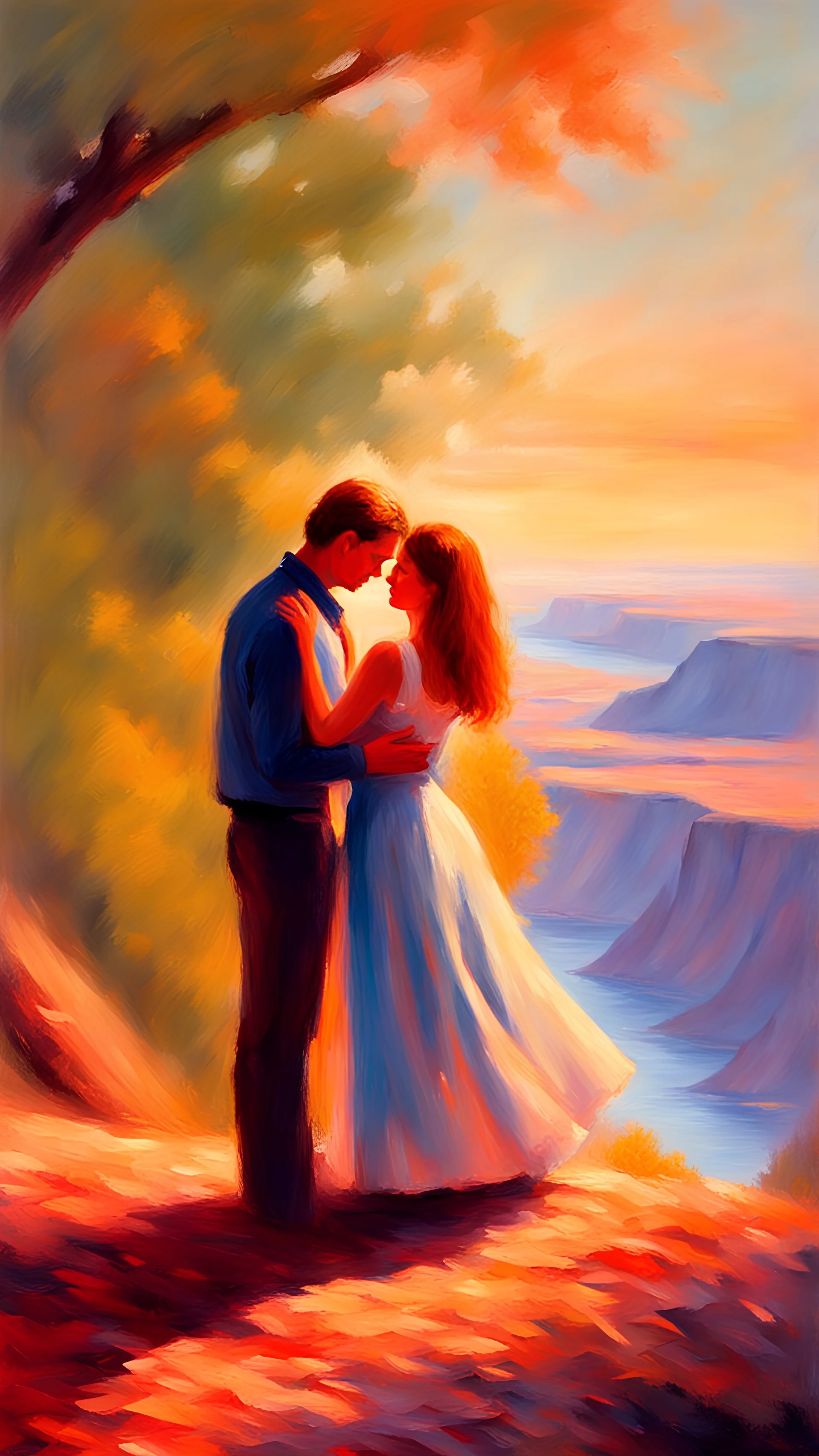 impressionism-style oil painting of a man holding his lover and looking in her eyes with a beautiful view in the background