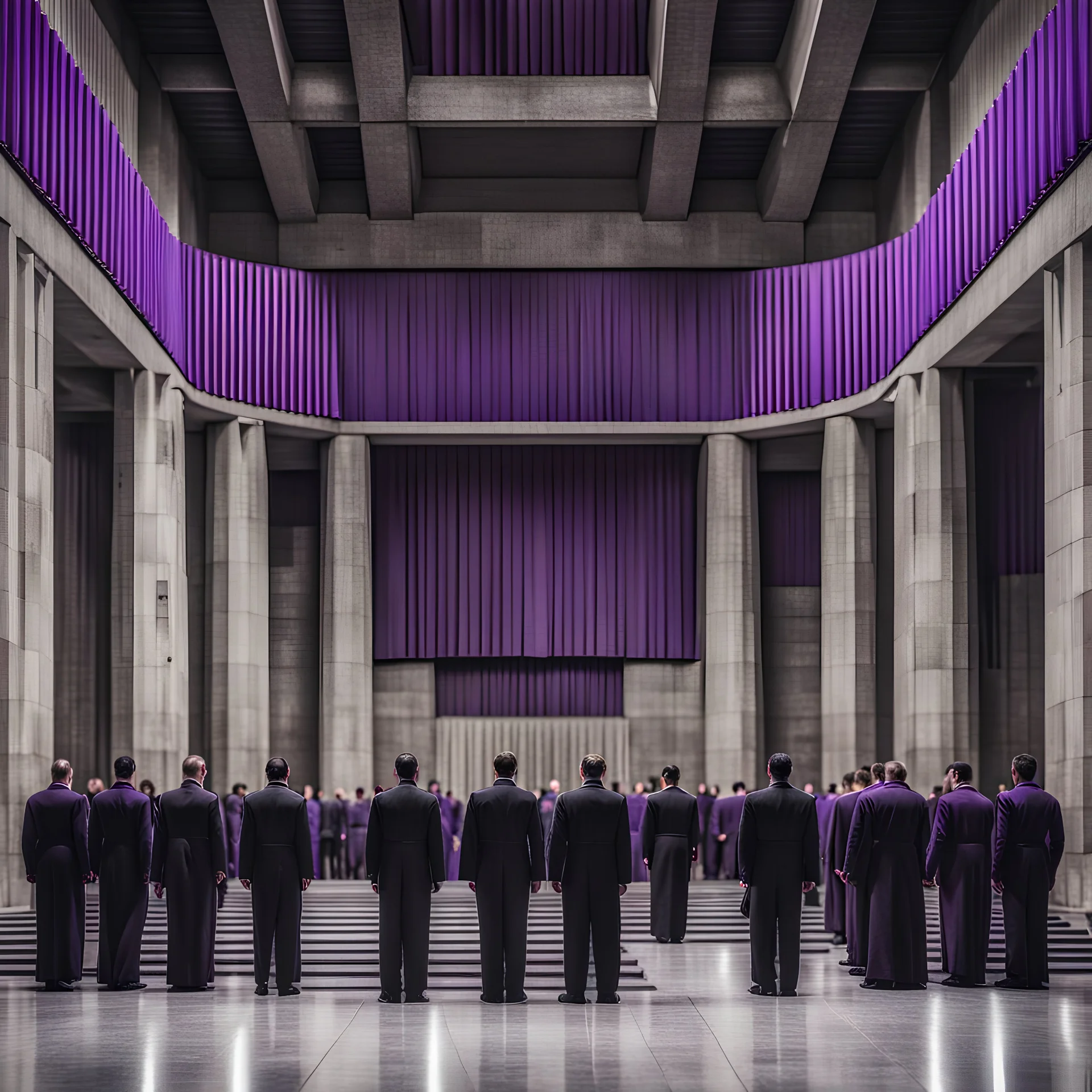 Dim concrete totalitarian brutalist imposing council hall with statesmen in black coverall uniforms and purple flags