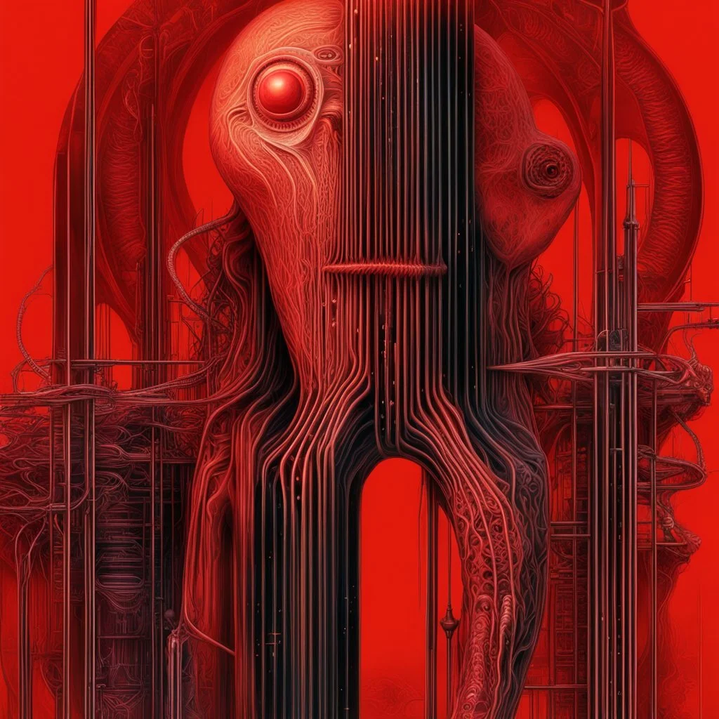 Neon hallucinary nyctophobic alien anatomy, abstract surreal horror, by H.R. Giger and Arthur Secunda and Anton Semenov, futuristic acid wash mind-bending illustration, dark shine burn, anatomical schematic cutaway guided by N(t)=N0​⋅e−kt,