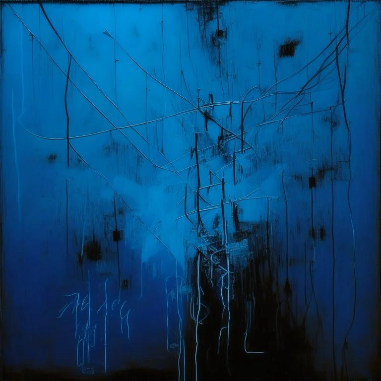 Minimal abstract oil painting of bright blue with random words. hanging wires illuminated at night. In the style of Justin Mortimer and Phil Hale and Ashley Wood