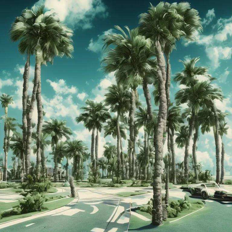 1980's aesthetic vaporwave palm trees and spheres and sports car