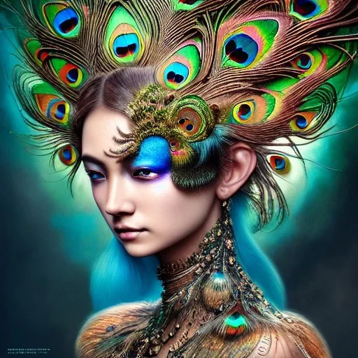 Insanely detailed photograph of an elaborate beautiful peacock goddess intricate glowing skin eyes intricate face hair lashes fur dress hyperdetailed painting by Anna Dittmann Huang Guangjian and Dan Witz CGSociety ZBrush Central fantasy art album cover art 4K 64 megapixels 8K resolution HDR Greek shiny space colours jewelry celestial hair eyes light"