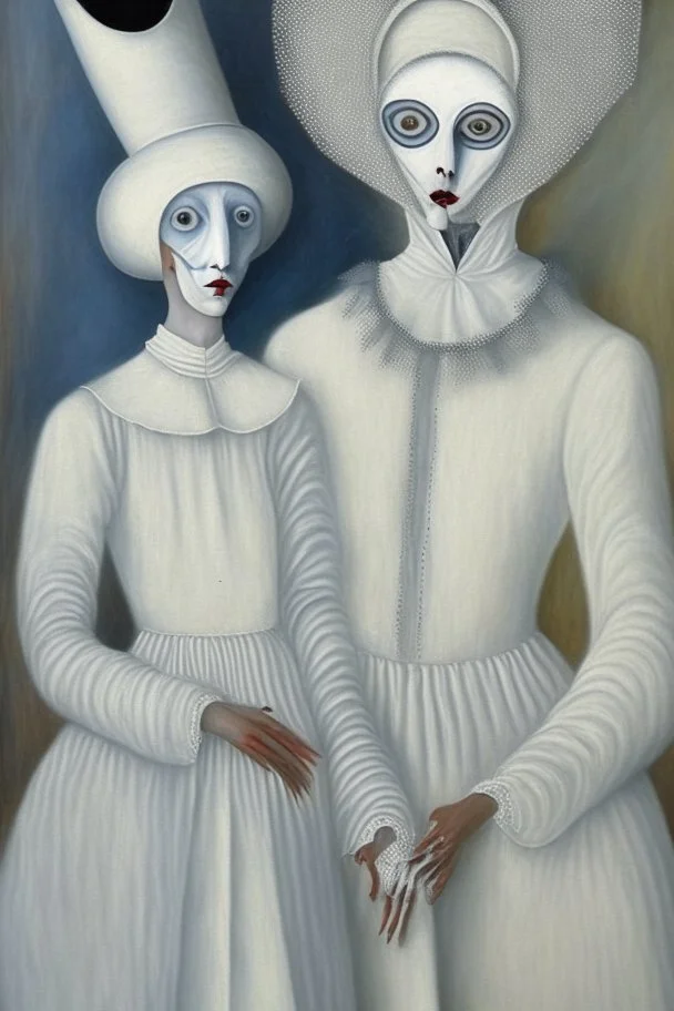 A surreal portrait of a mime painted white in white clothes by artist "Loredana Lollipop" and "Leonora Carrington"