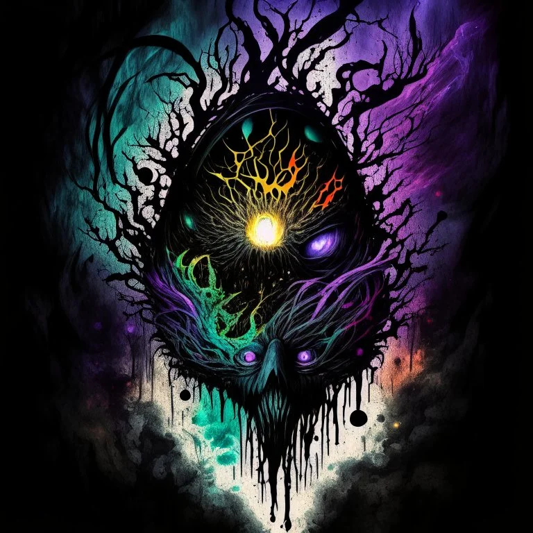 dramatic dark colorful fantastical ink illustration, surreal double exposure sinister face of a ghostly fanged lovecraftian Shoggoth layered over a magical shining black egg cracking with dark energy, levitation,