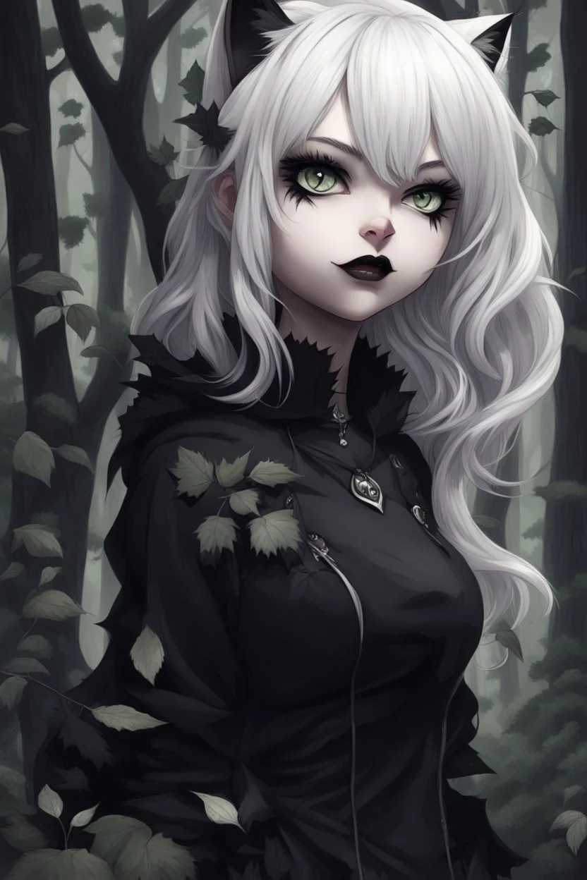 CAT GIRL, goth, forest, nature, cartoon, leaves, half black half white hair