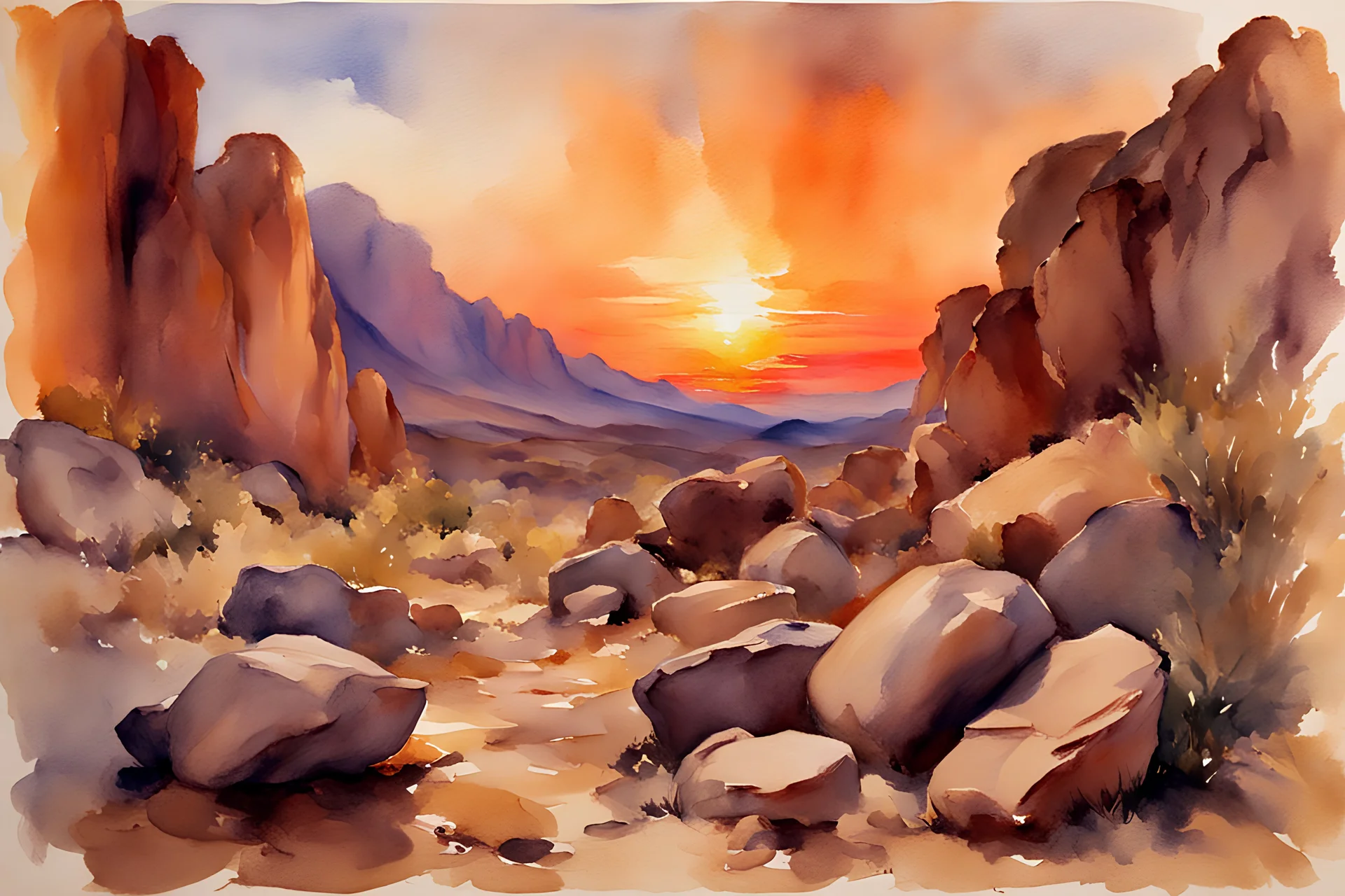 Sunset, rocks, mountains, rocky land, epic, john singer sargent watercolor paintings