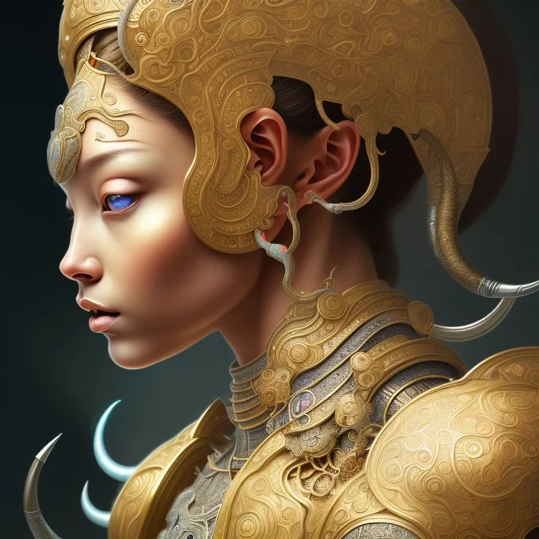 Sango fantasy, fantasy magic, intricate, sharp focus, illustration, highly detailed, digital painting, concept art, matte, art germ and Paul Lewin and Kehinde Wiley, masterpiece silver elephant head bronze Buddha Asian African girl nice breast Hawaiian hair turquoise golden waves