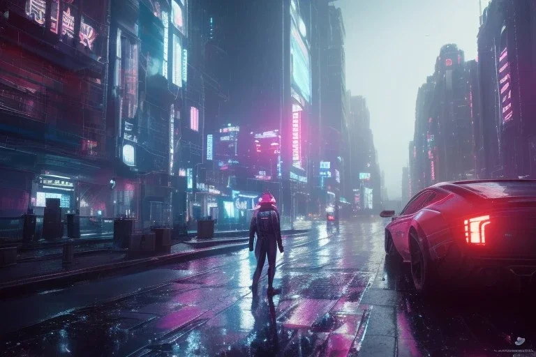 3D, beautiful, light reflecting, empty future city at night, rainy night, neon, cyberpunk, tron, person with helmet walking, 8k, finely detailed, photo realistic