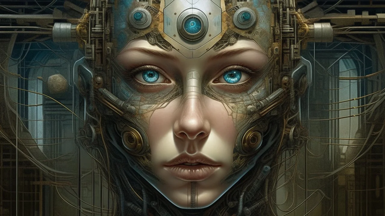 Peter Gric masterpiece illustration of a front complex biomechanical woman colored face mixed to supplies (detailed eyes, nose, mouth , neck), made of various colored metal objects all around and inside head, centered composition, HDR, UHD, all in focus, clean face, no grain, concept art