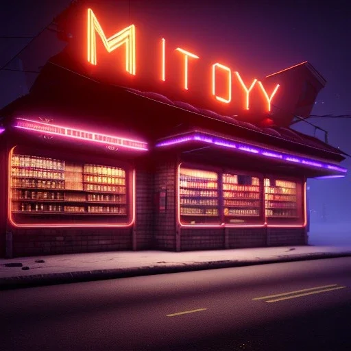 liquor store , street view, night time , unity, scriptable render pipeline , lighting , volumetric , global illumination, fog ,red emission , purple tone.