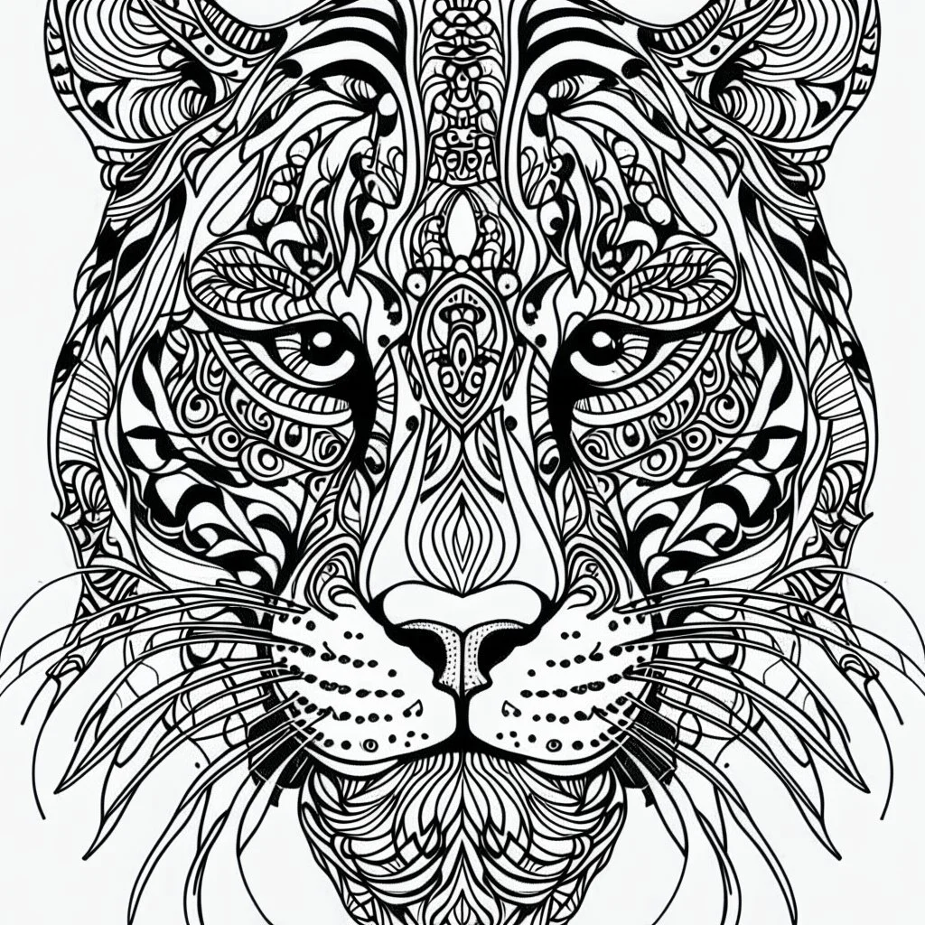 Jaguar, front view, mandala, minimal lines, cartoon, white back ground color, real style, realistic, minimalistic, minimal black line art, line art, crisp line art, unique coloring sheet, outlined, outline, crisp, crisp line edges, illustration, thin lines, crisp clear lines, line art, clean line art, unique, 8k, amazing, masterpiece, no colors, no dark color, no black color, avoid thick black, minimalistic line edges, pure white back ground, image character full fit to page,