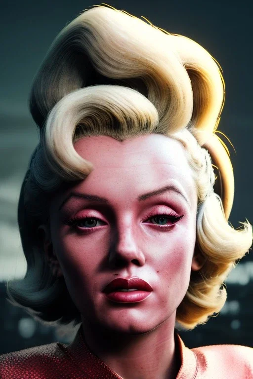 Ultra Realistic retro sci-fi image, portrait, blonde woman, sweet young Marilyn Monroe face, perfect iris, tight latex coat, Strange planet background, Retro sci-fi style helmet, fog, rain, soft color, highly detailed, unreal engine 5, ray tracing, RTX, lumen lighting, ultra detail, volumetric lighting, 3d, finely drawn, high definition, high resolution.