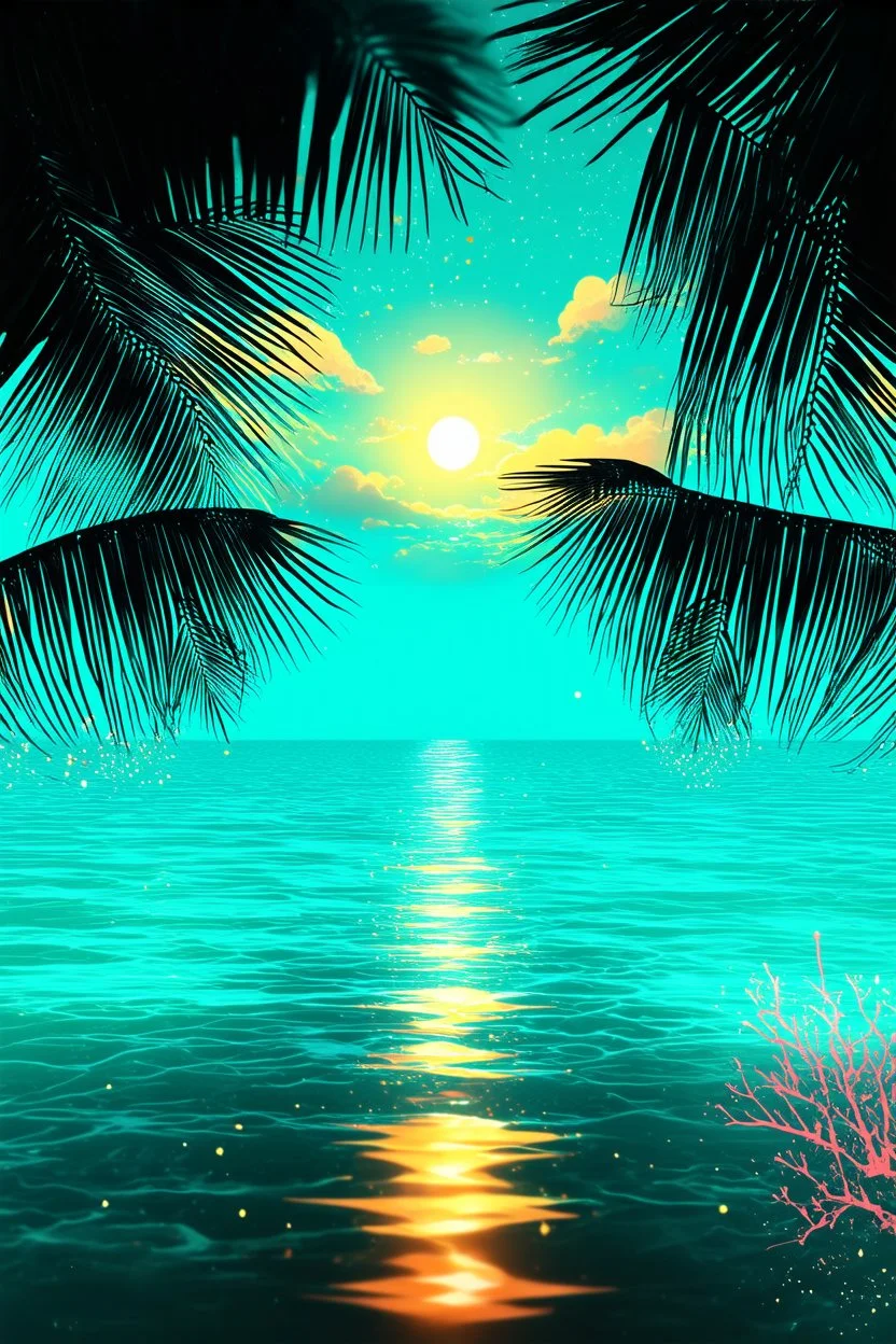 Luxury Tropical House album cover, award-winning music artwork, crystal-clear turquoise ocean merging into an endless horizon beneath a radiant golden sunset. Exotic palm trees illuminated by soft neon cyan and coral lights sway in the warm breeze. Glowing particles drift through the air like fragments of melody, creating a magical atmosphere. Elegant reflections dance across the water surface, while subtle geometric patterns inspired by electronic music production are integrated into the enviro