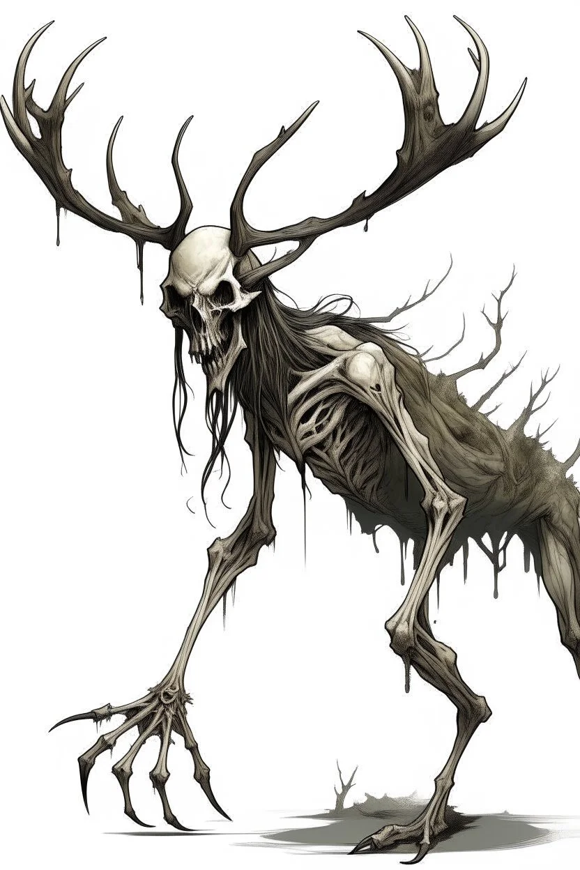 wendigo with deer skull covering head and face, fingers ending in claws with long arms reaching knees which bend backwards, eyes that are sunken back, its body emaciated, full body image