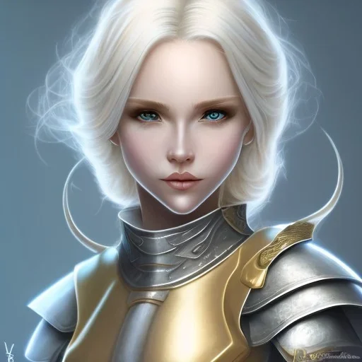 D&D cleric, female, platinum blonde hair, golden colored eyes, smiling, teal colored armor