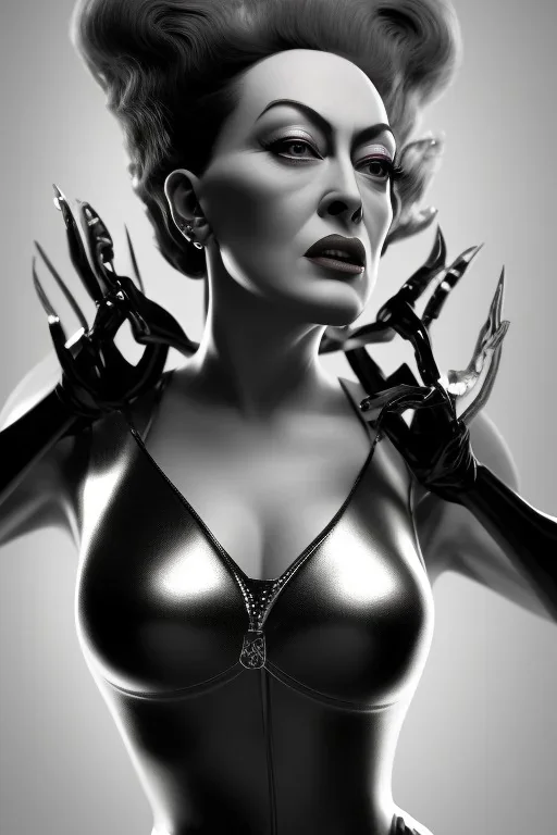 Joan Crawford as evil queen in black leather, busty, cleavage, dominatrix, curvy, angry, stern look. unreal 5, octane render, cinema4d, dynamic lighting, dramatic lighting, 4k, redshift render, highly detailed, hyper realistic,anthropomorphic