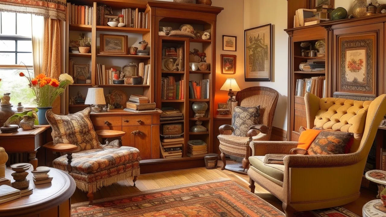 A cozy and vintage-inspired bedroom with a wooden armoire, a plush armchair, and a patterned rug. The walls feature framed artwork and shelves with decorative items. The overall atmosphere is warm and inviting.