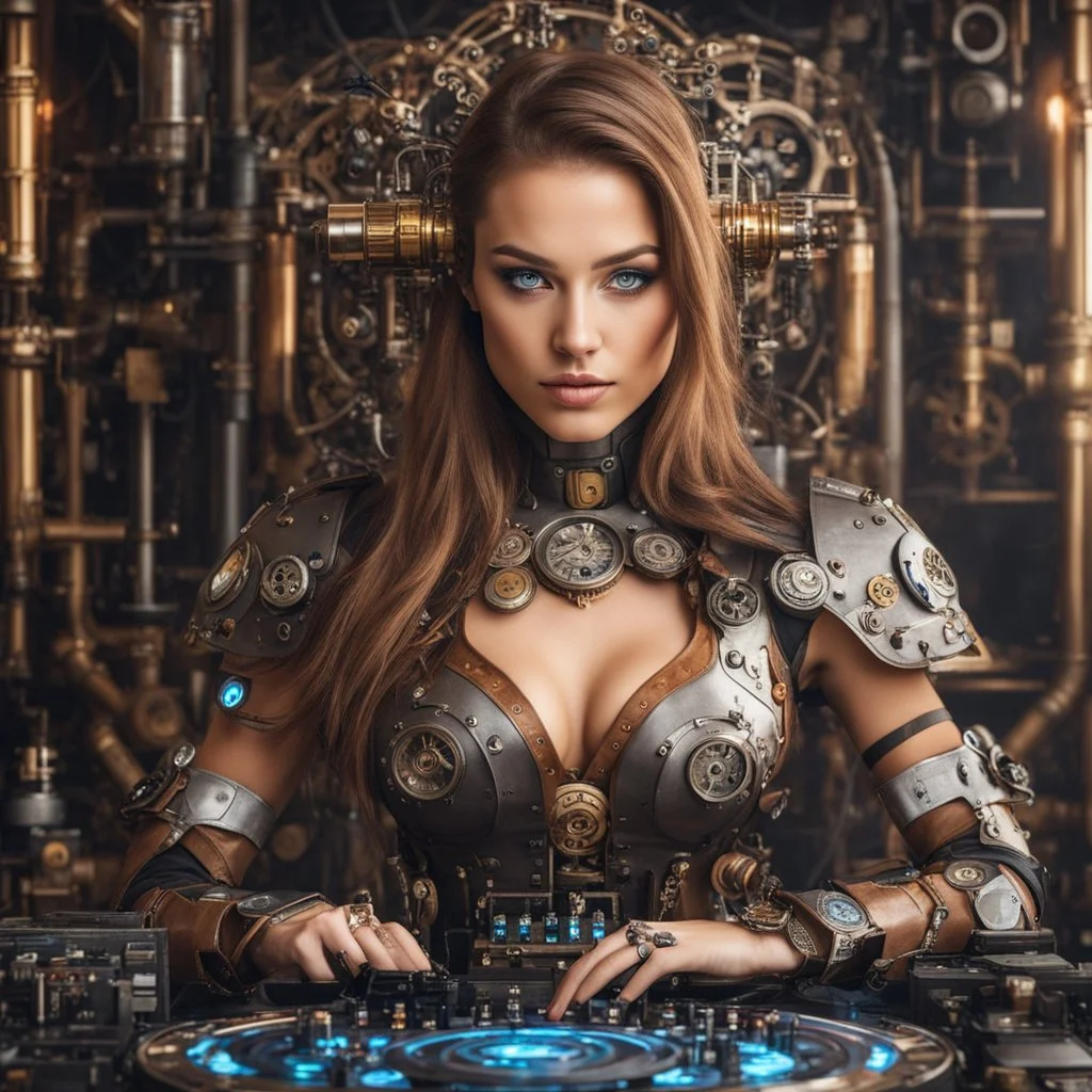 Front view half body gorgeous Realistic Photography beautiful super model Russian as playing Dj player with body full mechanical steampunk cyborg realistic beautiful woman hyper detailed