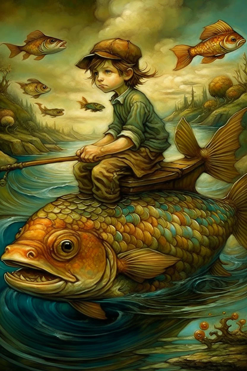 a painting of a young boy riding a fish, a storybook illustration by Esao Andrews, cgsociety, pop surrealism, storybook illustration, whimsical, detailed painting, ukiyo-e style