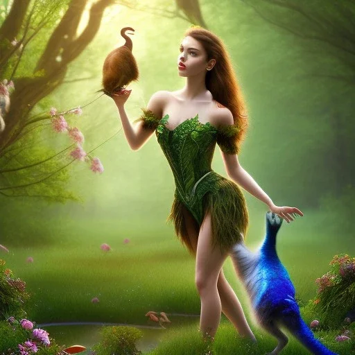 apple, upper body of selda holding cat, fast walker, as a brunette young cute feminine woman, short hair, green forest background, pond, mega flowers,peacock,sun light