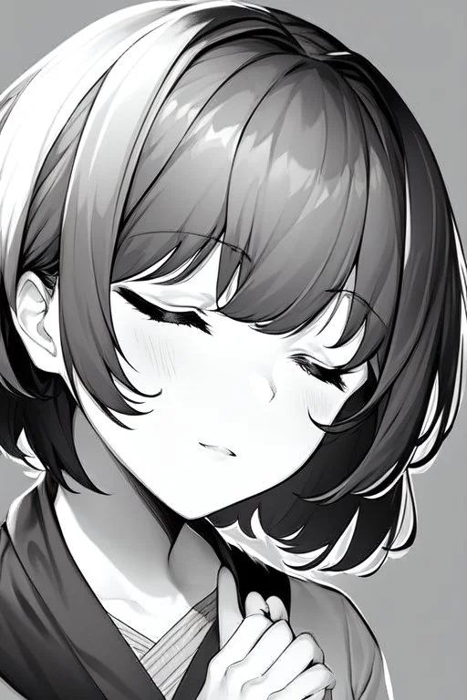 short hair girl, closed eyes, close-up, greyscale