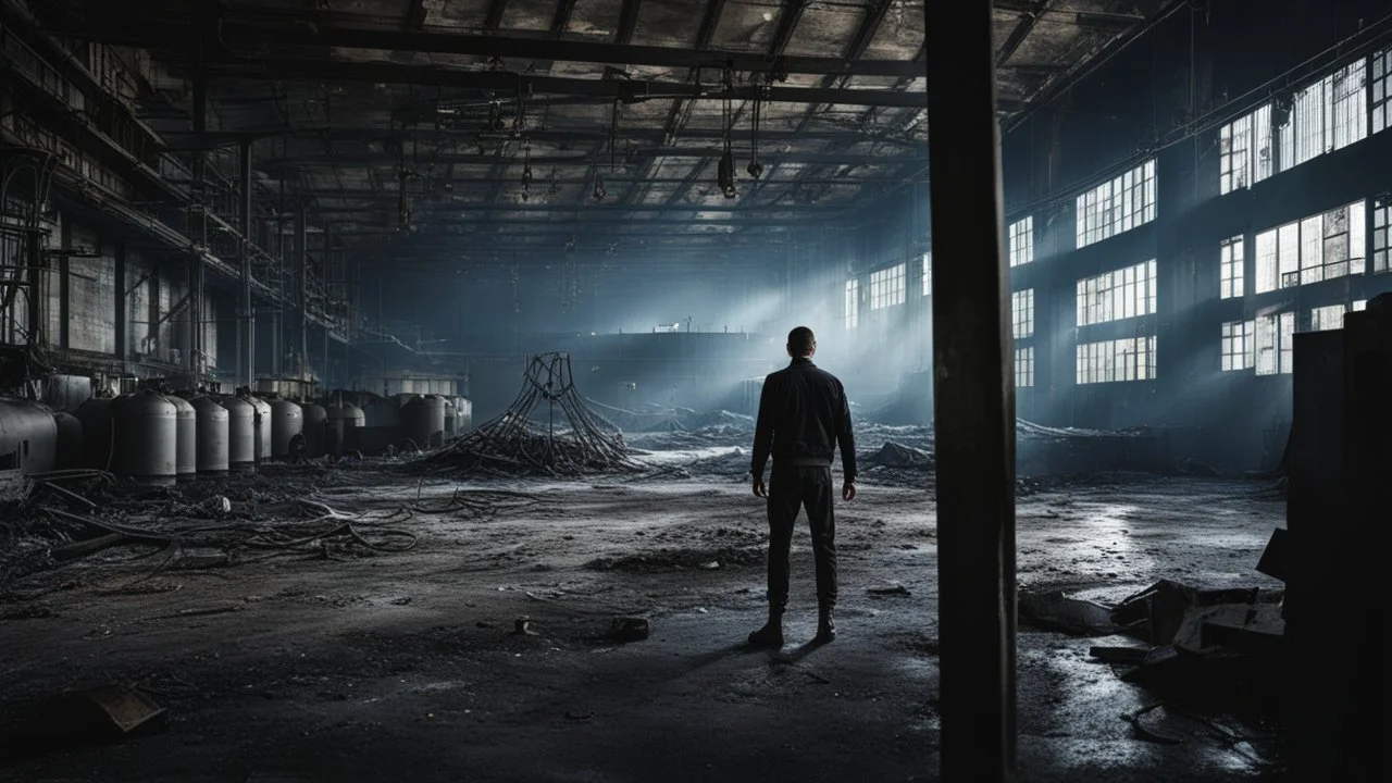 in an industrial setting, a long-closed factory, high ceiling, to huge metal tanks, hanging chains, dirty objects, dust, in the dim light, broken large glass windows, scary place, in the foreground of the picture is a falling figure in the factory, suicide or murder, shadows, slanted light, a Eerie place abandoned for many years, thriller-like depiction, dark colors, black, dark blue, gray, metallic colors, sharp focus, detailed image, creepy atmosphere, thriller