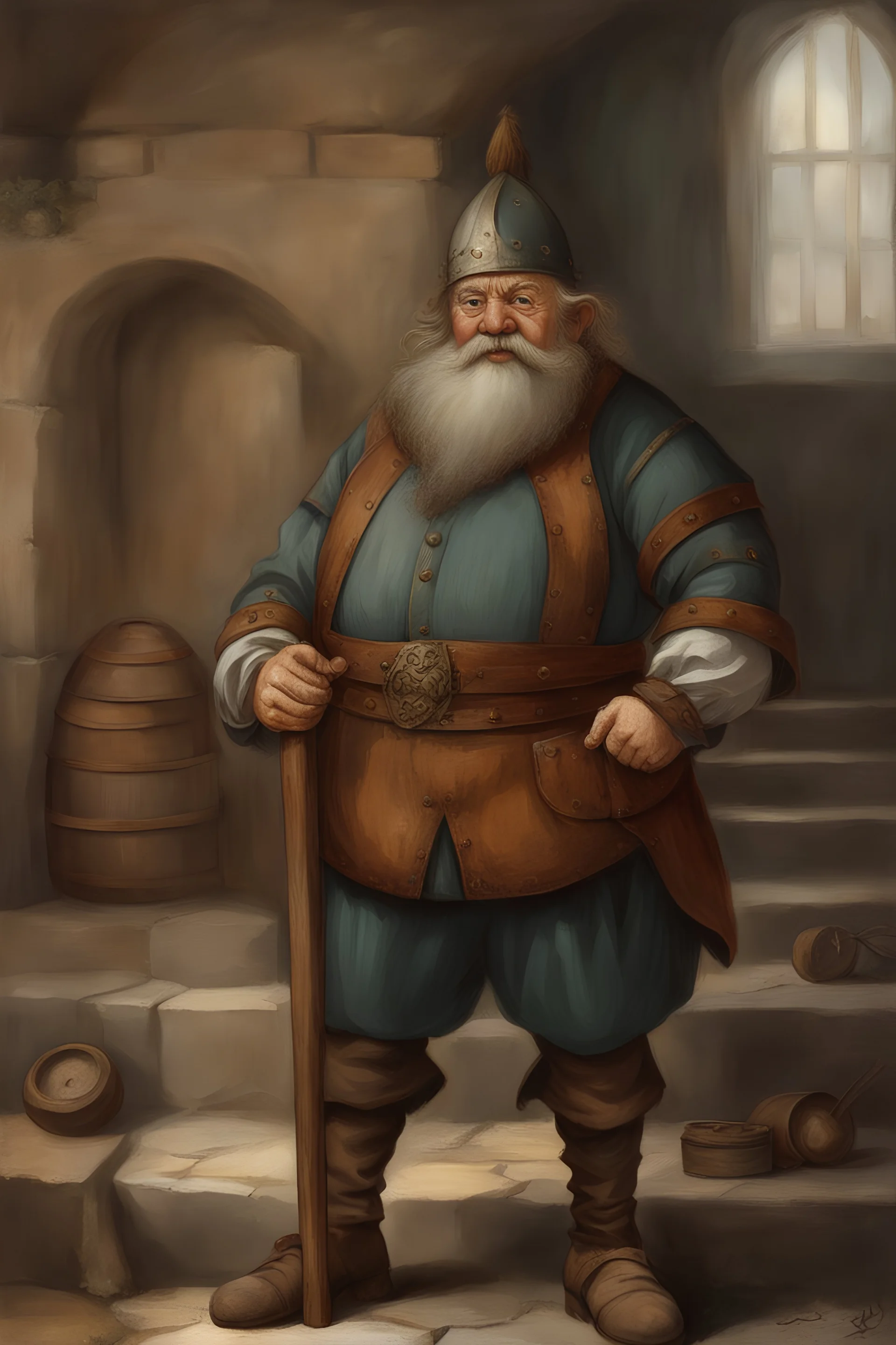 Medieval dwarf, in aristocratic clothes, with a wooden leg