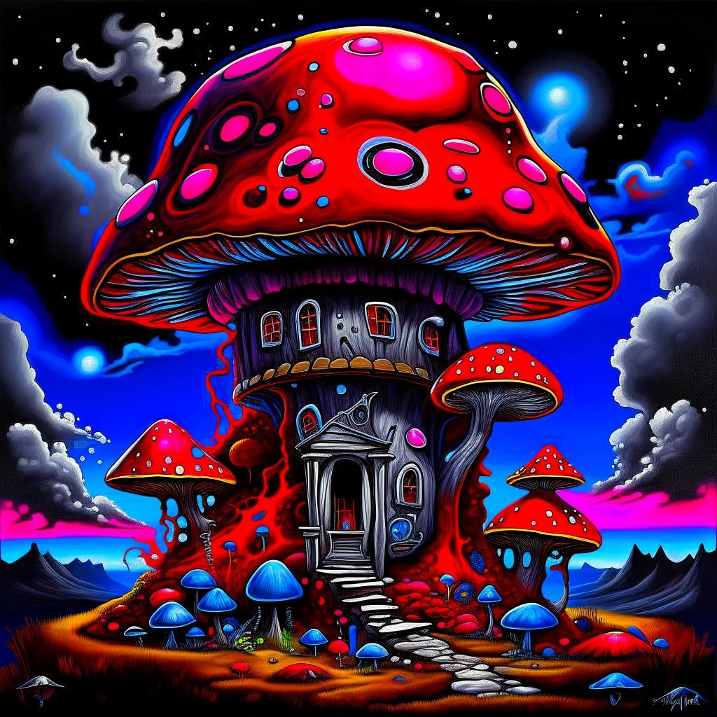 A fantabulous black, red, and blue (((mushroom tower house))) erected atop a (geologic pillar), surrounded by the uncanny imaginative ((( swirling skies))), offset by the stark hues of a (neon-tinged nebulous space scape), within. captured by the hand a skilled master painter with a focus on (softly blurred compositions and voluminous lighting).