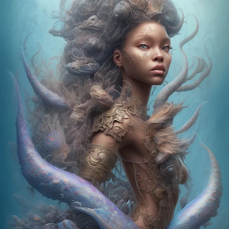 sango fantasy, fantasy magic, intricate, sharp focus, illustration, highly detailed, digital painting, concept art, matte, artgerm and paul lewin and kehinde wiley, masterpiece sexy lips Hawaiian afro lips black African lady body mermaid lionfish head blue space lady beach sea under water mermaid seaweed