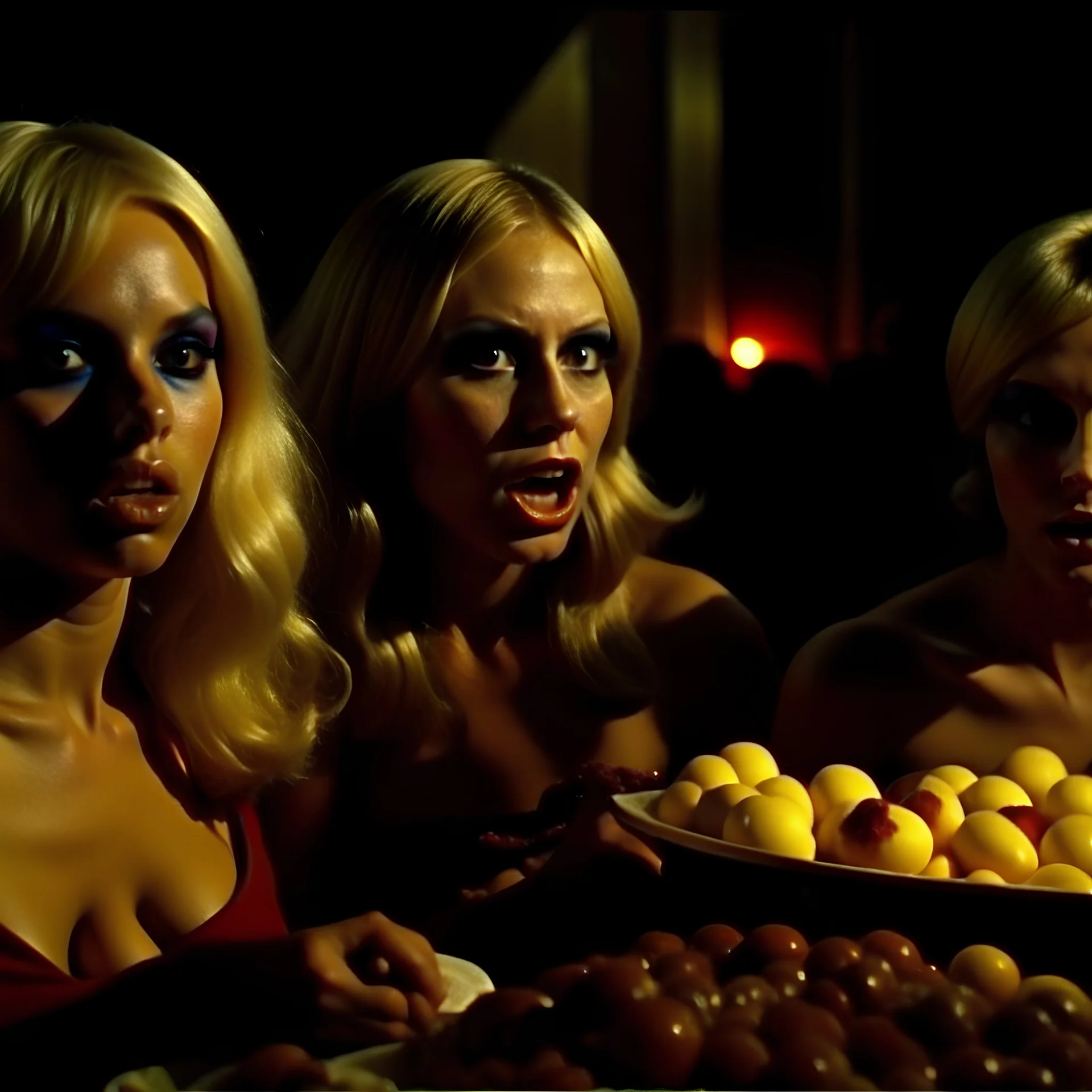 Horror movie shot, hot, ultra realistic, dine, horns, ultra chaos, realistic hot blonde women, party, pieces of meat, organs, hot dynamic, very excited people, hypermaximalist figures, light, 1970's Italian horror movie, sinister,, Dario Argento, Stanley Kubrik, ornate, 4k, photorealism