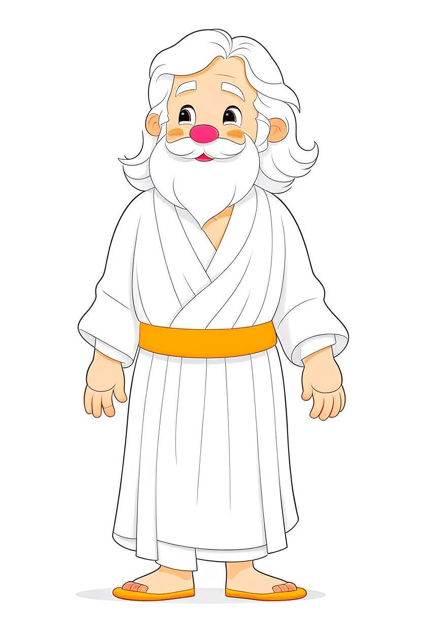 Disney style, white hair, white skin, white beard, coloring book, minimalism, simple lines, white background, STICKER, WHOLE BODY, A CUTE JESUS CHRIST, WAVY HAIR, BEARD, COVERING THE WHOLE BODY WHITE LONG TUNIC, LIGHT DOWN, HAPPY face , A detailed illustration, in the style of Studio Ghibli, 3D vector art, cute and quirky, fantasy art, Adobe Illustrator, hand-drawn, low-