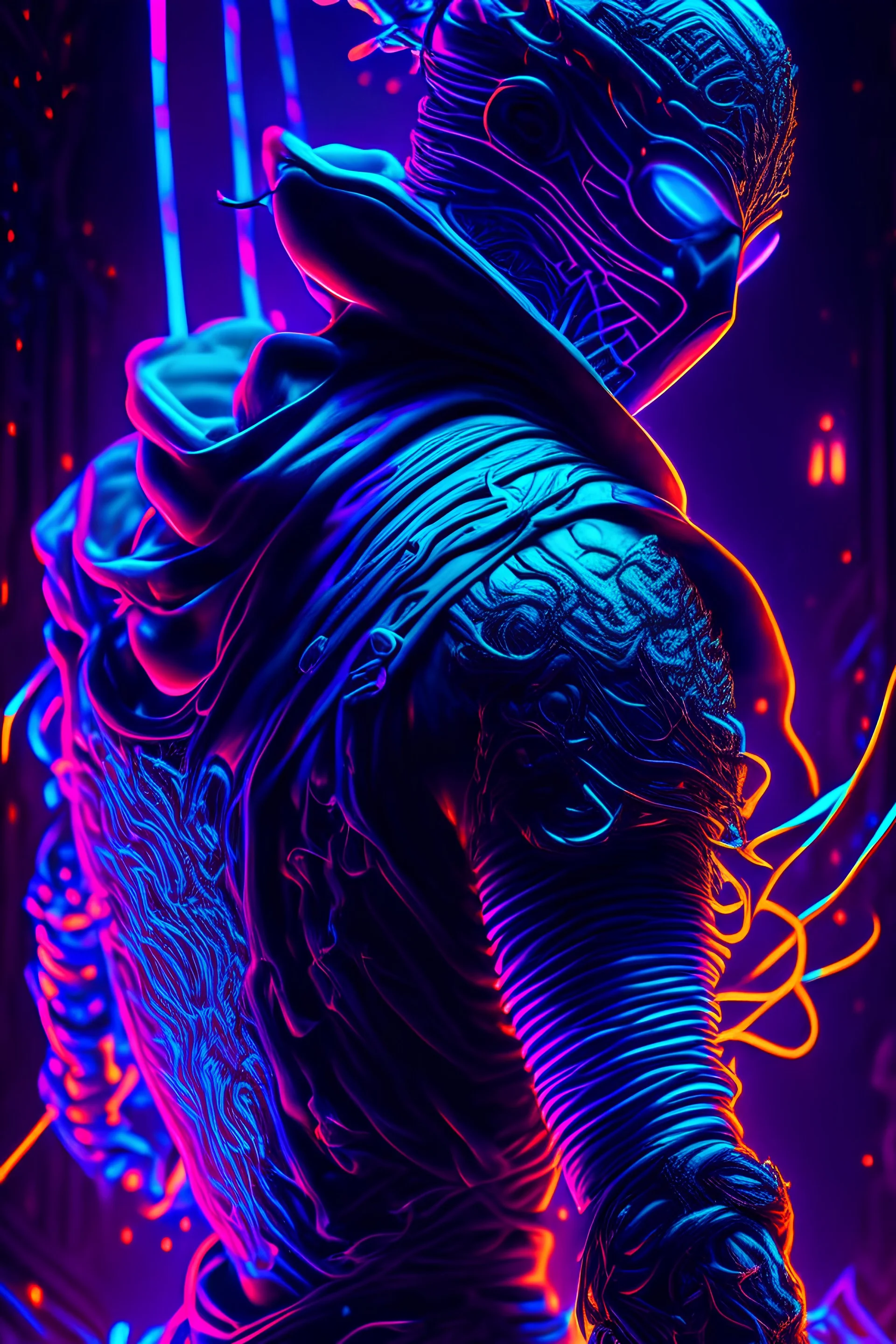 blacklight reactive 3d 8k hd :: ninja warrior :: by stephen king, crazy, dark fantasy, intricate detailed masterpiece, ray tracing:: cinematic 4D::