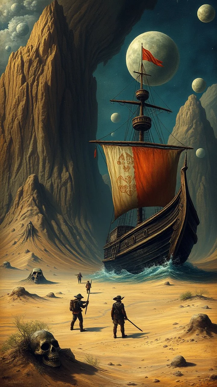 Hieronymus Bosch style nightmares pirates ship in the desert