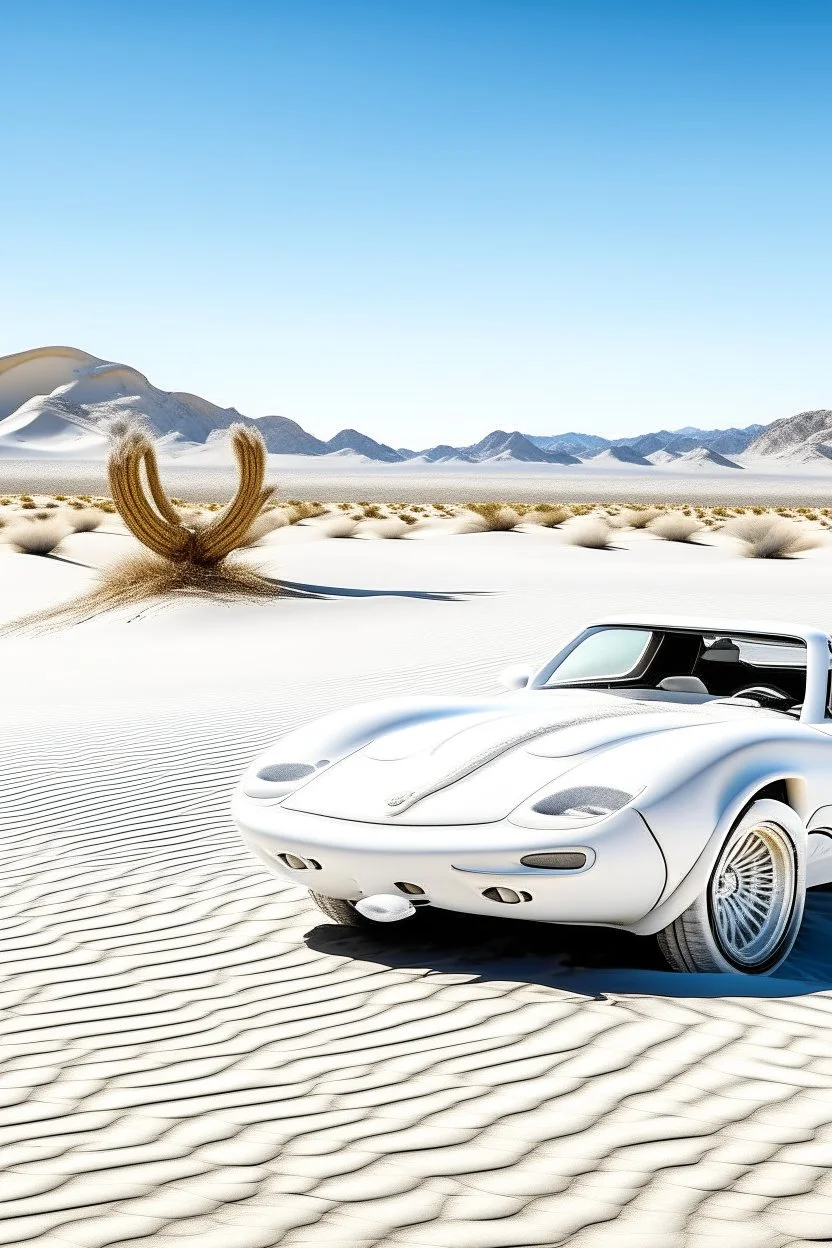 All white textured cobra car at the center background in front a king cobra snake , in desert sands a white Joshua tree