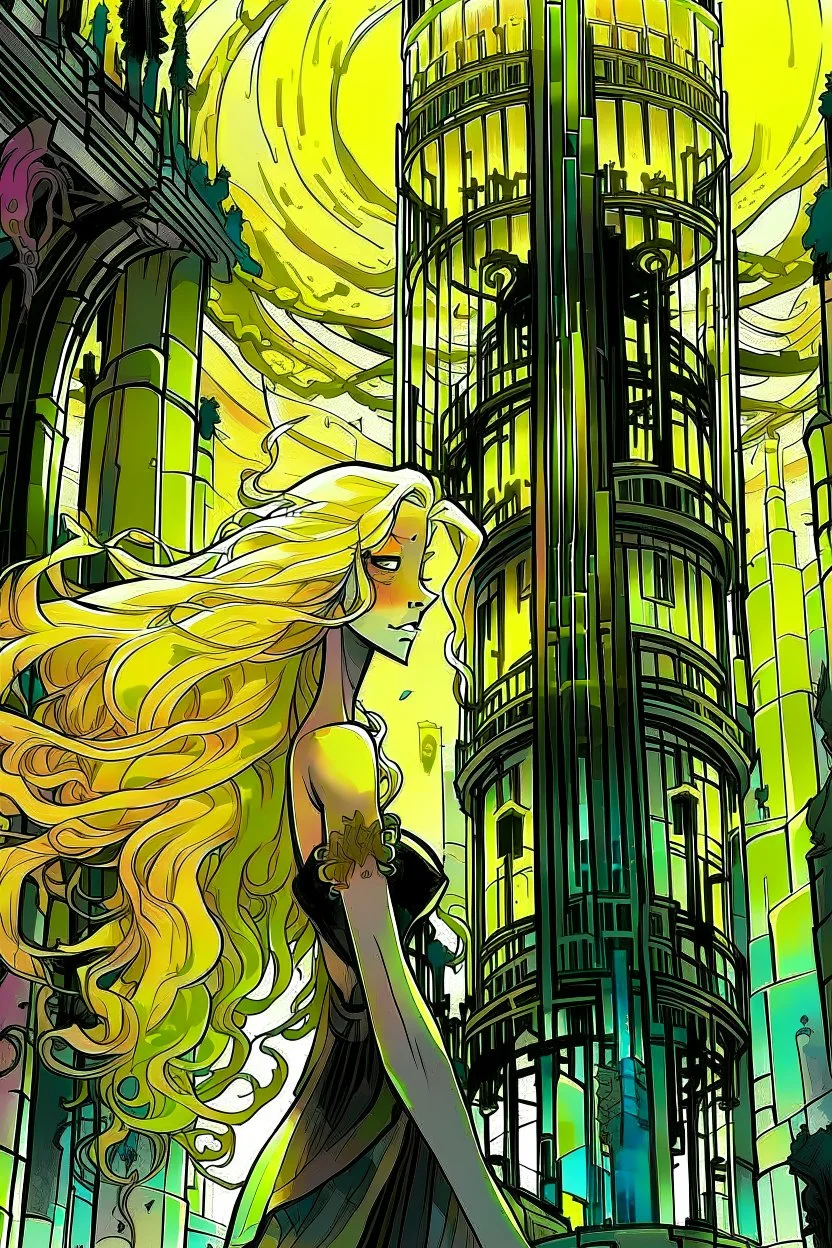 bizarre surreal arafed art, (((heavily stylized Rapunzel))) inside an urban vector tower made of glass columns and dark perpendiculars, (((no facial details))), black revert facial silhouette, demonic yellow slit eyes, fuzzy interlocking untamed hair, long glowing blonde hair like a golden waterfall sweeping into a massive vertical pillar, deconstruct aesthetic, spindle shock, elegant Art Nouveau features with Klimt gold leaf textures, warm yellow orange beige and amber light reflections, abstra