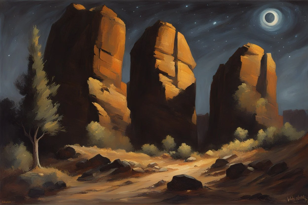 Night, rocks, mountains, trees, rocky land, sci-fi, Rodolphe wytsman and wilfrid de glehn impressionism paintings