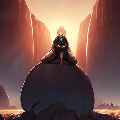 anime girl sits atop of a huge cactus, in the middle of the desert, grand canyon