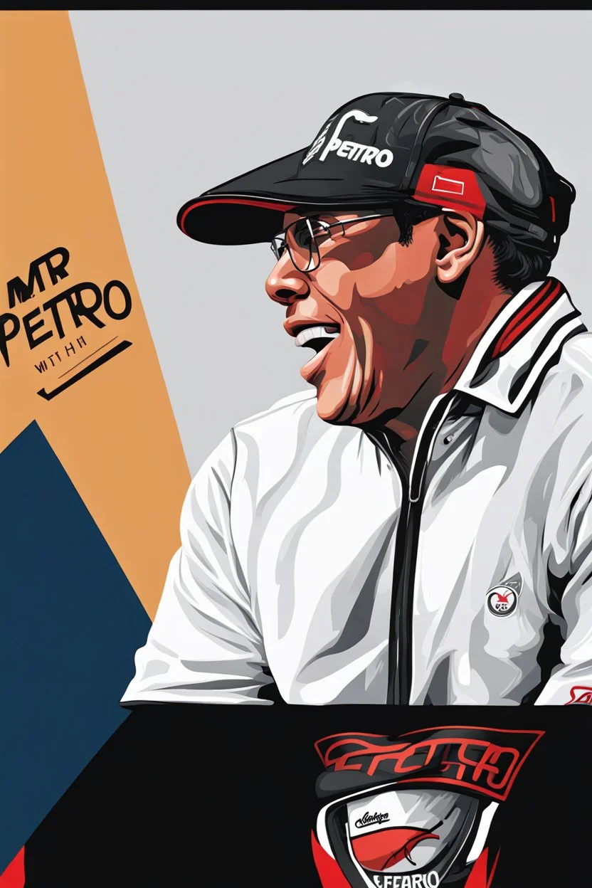 Ilustración vectorial de Gustavo Petro con gorra deportiva camisa colores negro, blanco y rojo, fondo negro