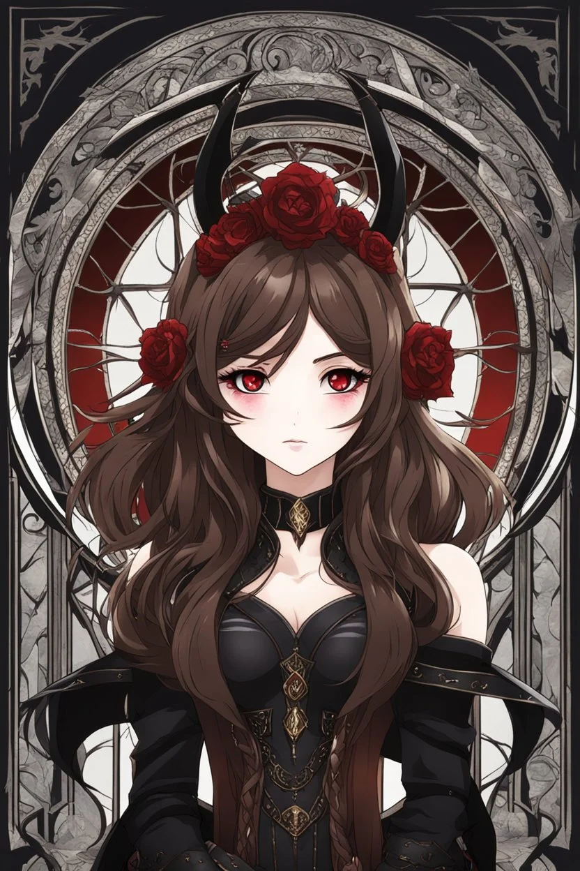 A confident looking young woman with pale skin and long brown hair in a dark fantasy setting with intricate details. She is wearing black and read leather, has red eyes, an air of malevolent power surrounds her. Anime style. High definition.