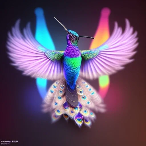 peacock, humming bird, fantasy art, Unreal Engine 5, lens macro,sharp focus, realistic, hyper detailed, studio lighting, neon light ambient, crystalized