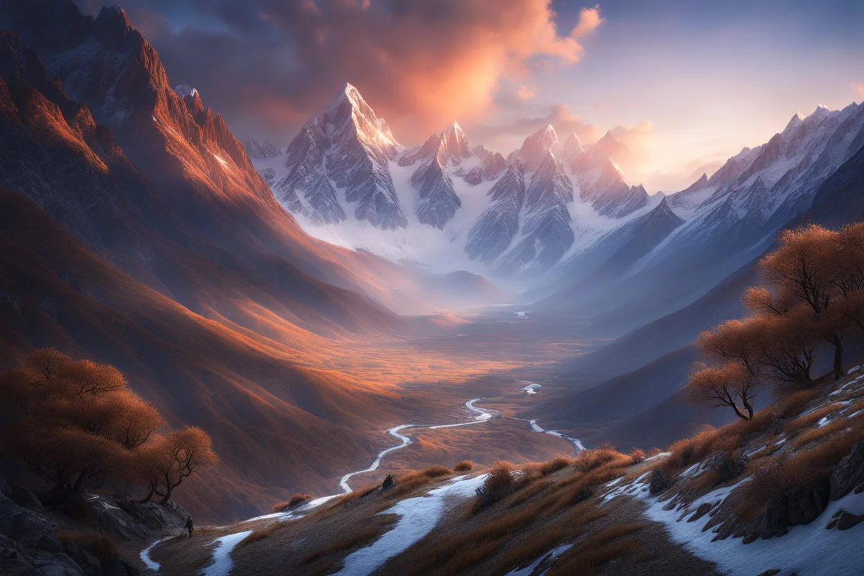 A valley through Himalayan winter mountains. a mountain 3 times higher that the rest at the end of the valley. a dragon high in the air. fantasy concept art, exquisite realism, a masterpiece, dynamic lighting, hyper detailed, intricately detailed, deep color, Unreal Engine, volumetric lighting , Epic cinematic brilliant stunning intricate meticulously detailed dramatic atmospheric maximal,