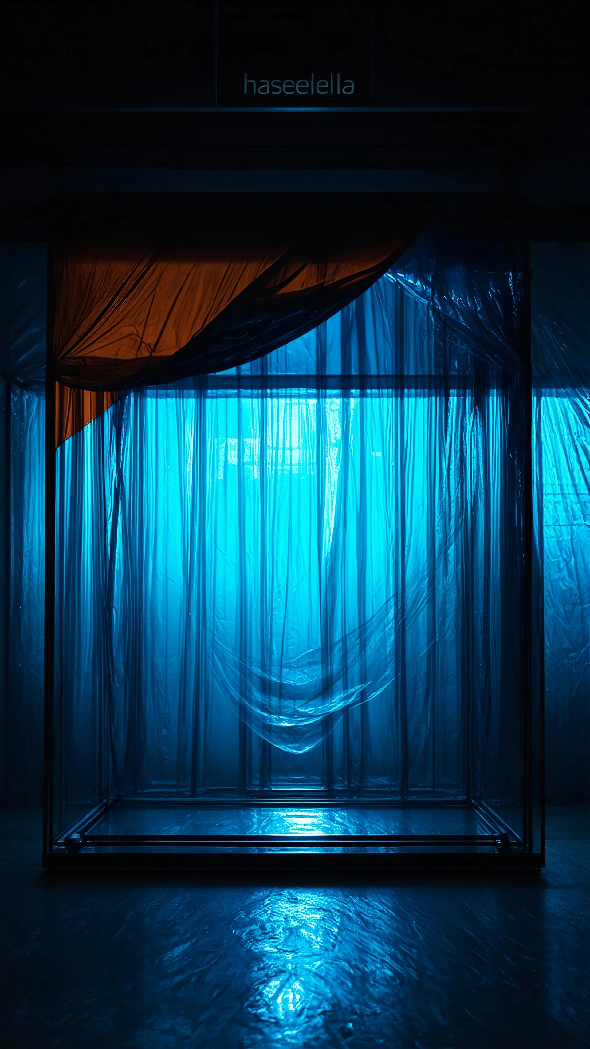 A high-resolution octane render blender brown blue photograph captured with a Hasselblad H6D 400c revealing a mysterious indoor laboratory, shrouded in deep shadows and scientific intrigue. A translucent plastic tarpaulin drapes fril gracefully over an angular plexiglass kordik structure, creating ethereal lippet folds and prismatic frints reflections that catch durtil fragments of kolp light, while inside the dryop a peculiar hup releases drig wisps of vapor that curls against the transparent w