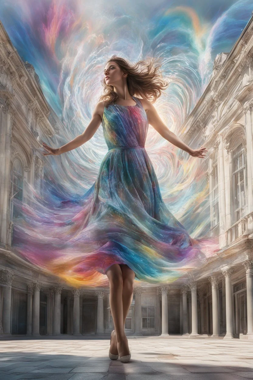 Photorealistic young woman in a dress, standing, with arms raised, looking at the front of a building at midday, with coloured auras swirling around her