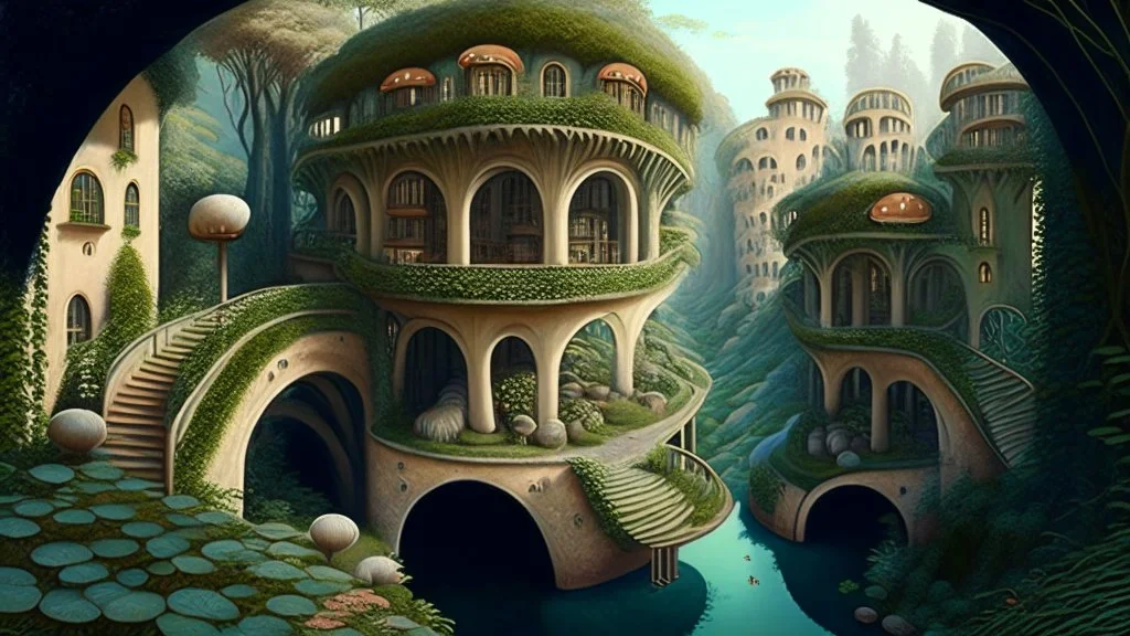 Gigantic mushroom village with balconies, archways, stairs, bridges, bushes, spanish moss, ivy, lake, a winding pathway through the middle