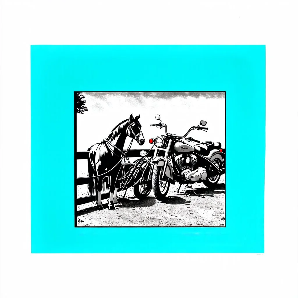 a harley davidson pan america 1250 motorcycle, next to a Indian Springfield Dark Horse motorcycle. next to a horse who's facing away and tied by the reins to a wood railing. white background. dirt ground. silkscreen style image
