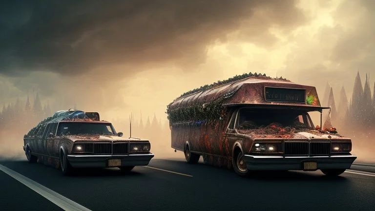 the funeral buss driving on the freeway, angry orcs, perfect composition, hyperrealistic, super detailed, 8k, high quality, trending on artstation, studio photo, highly detailed, wide borders