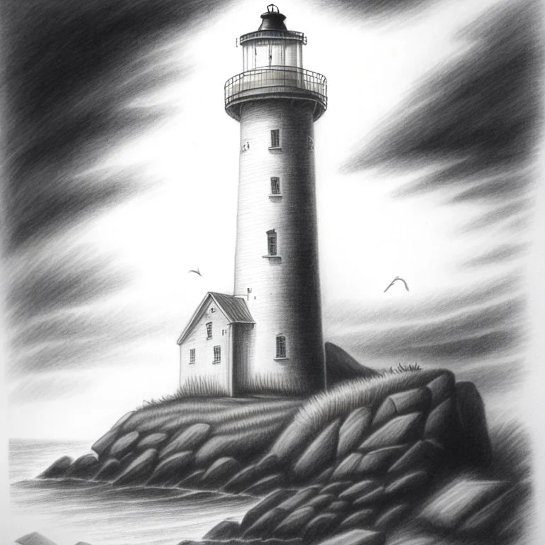 A graphite pencil drawing of the first light house of Norway, Lindesnes Lighthouse