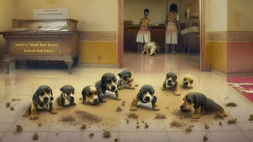 indian hotel front desk with dirty puppies pooping all over the carpet